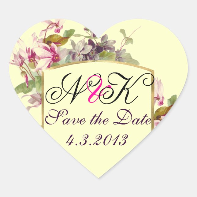 ROMANTİCA MONOGRAM / PINK CYCLAMENS SAVE THE DATE HEART STICKER (Front)