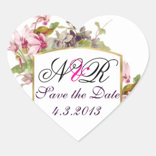 ROMANTİCA MONOGRAM / PINK CYCLAMENS SAVE THE DATE HEART STICKER