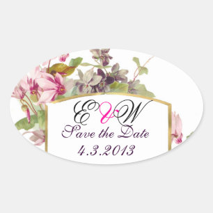 ROMANTİCA MONOGRAM / PINK CYCLAMENS SAVE THE DATE OVAL STICKER