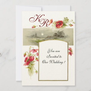 ROMANTİCA MONOGRAM / POPPIES,red,green,cream felt Invitation