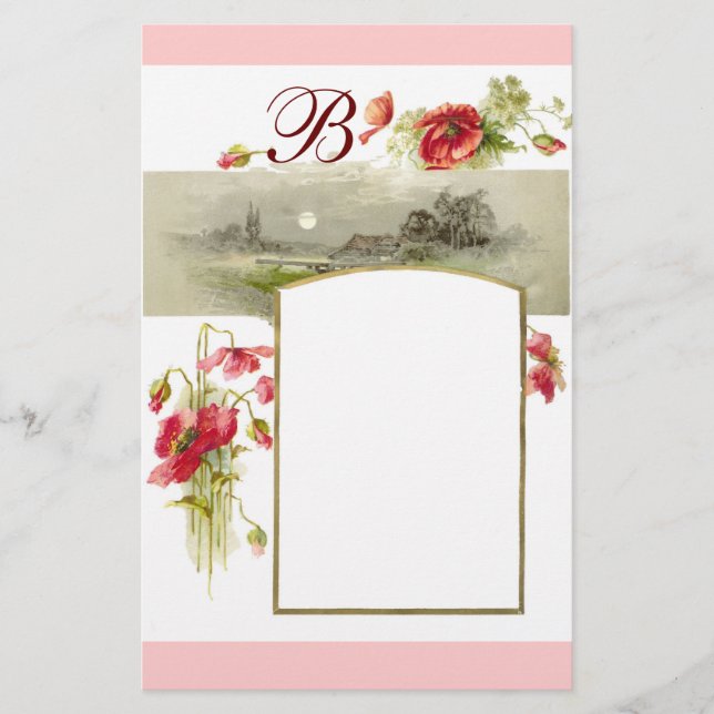ROMANTİCA MONOGRAM / POPPIES,red,green pink white Stationery (Front)