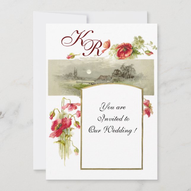 ROMANTİCA MONOGRAM / POPPIES,red,green, white Invitation (Front)