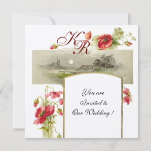 ROMANTİCA MONOGRAM / POPPIES,red,green white Invitation