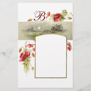 ROMANTİCA MONOGRAM / POPPIES,red,green,white Stationery