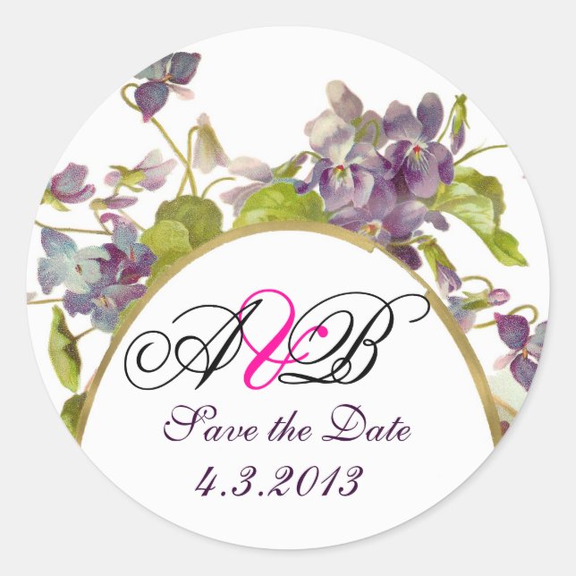 ROMANTİCA MONOGRAM / PURPLE VIOLETS SAVE THE DATE CLASSIC ROUND STICKER (Front)