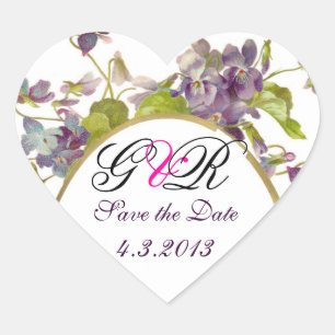 ROMANTİCA MONOGRAM / PURPLE VIOLETS SAVE THE DATE HEART STICKER