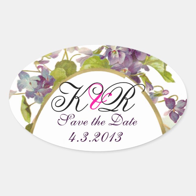 ROMANTİCA MONOGRAM / PURPLE VIOLETS SAVE THE DATE OVAL STICKER (Front)