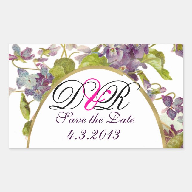 ROMANTİCA MONOGRAM / PURPLE VIOLETS SAVE THE DATE RECTANGULAR STICKER (Front)