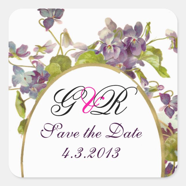 ROMANTİCA MONOGRAM / PURPLE VIOLETS SAVE THE DATE SQUARE STICKER (Front)