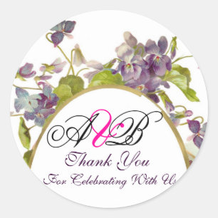 ROMANTİCA MONOGRAM / PURPLE VIOLETS THANK YOU CLASSIC ROUND STICKER