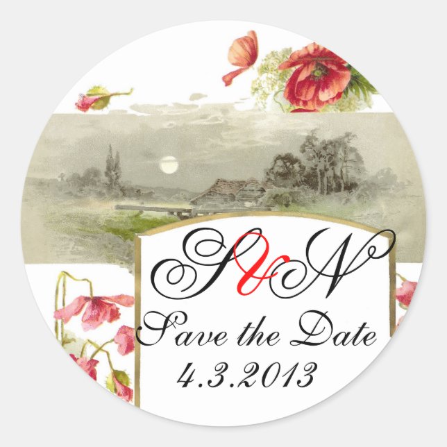 ROMANTİCA MONOGRAM / RED POPPIES SAVE THE DATE CLASSIC ROUND STICKER (Front)