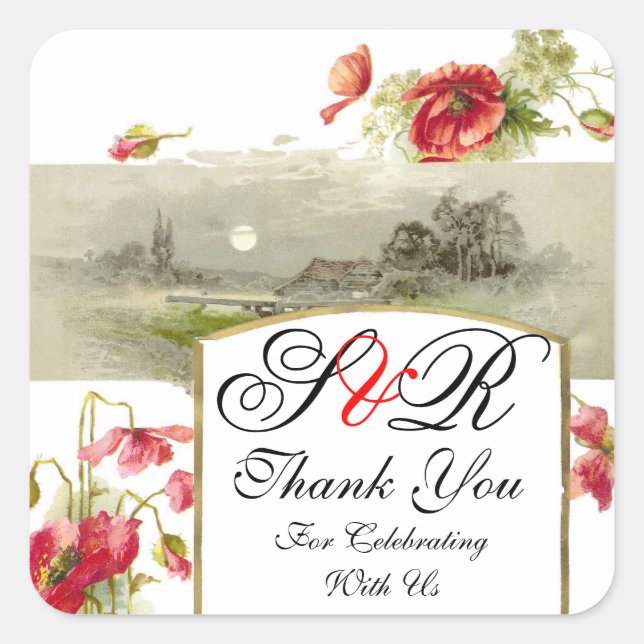 ROMANTİCA MONOGRAM / RED POPPIES THANK YOU SQUARE STICKER (Front)