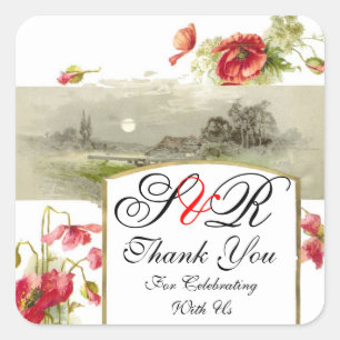 ROMANTİCA MONOGRAM / RED POPPIES THANK YOU SQUARE STICKER