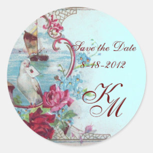 ROMANTICA MONOGRAM,Save the Date,blue Classic Round Sticker