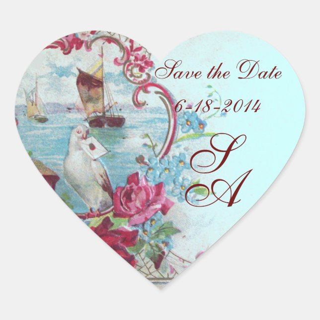 ROMANTICA MONOGRAM,Save the Date,blue Heart Sticker (Front)