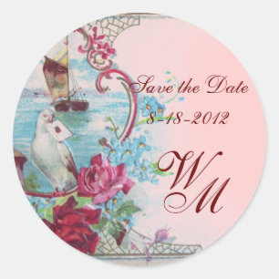 ROMANTICA MONOGRAM,Save the Date,pink Classic Round Sticker