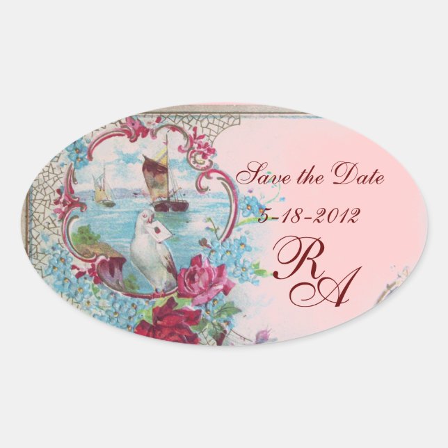 ROMANTICA MONOGRAM,Save the Date,Pink Oval Sticker (Front)