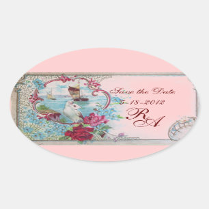 ROMANTICA MONOGRAM,Save the Date,Pink Oval Sticker