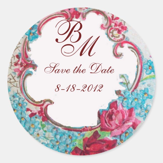 ROMANTICA MONOGRAM,Save the Date,white Classic Round Sticker (Front)