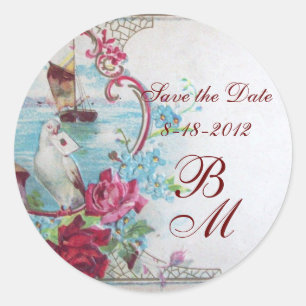 ROMANTICA MONOGRAM,Save the Date,white Classic Round Sticker