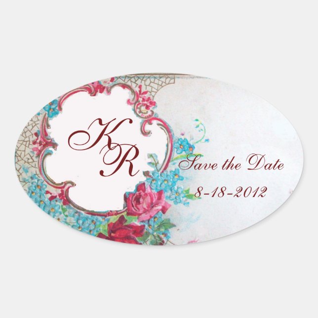 ROMANTICA MONOGRAM,Save the Date,white heart Oval Sticker (Front)