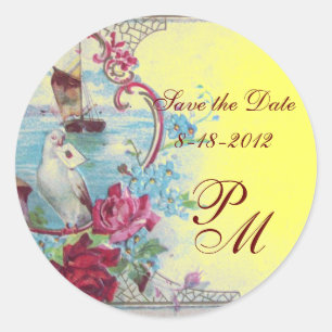 ROMANTICA MONOGRAM,Save the Date,yellow Classic Round Sticker