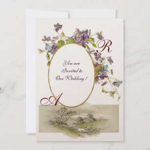 ROMANTİCA MONOGRAM /VIOLETS,green purple,champagne Invitation