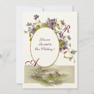 ROMANTİCA MONOGRAM /VIOLETS,green purple,cream Invitation