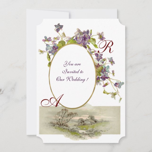 ROMANTİCA MONOGRAM / VIOLETS, green purple, white Invitation (Front)