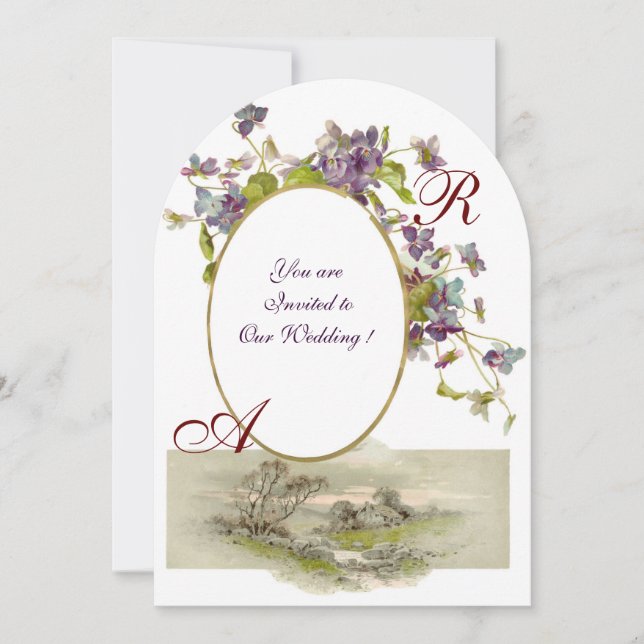 ROMANTİCA MONOGRAM /VIOLETS,green purple White Invitation (Front)
