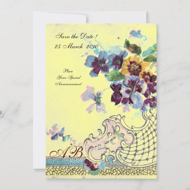 ROMANTICA Pink Blue Yellow Floral Wedding Monogram Invitation (Front)