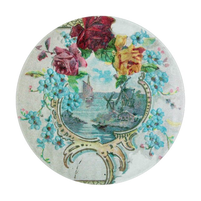 ROMANTİCA Romantic Seascape,Blue Flowers, Roses  Cutting Board (Front)