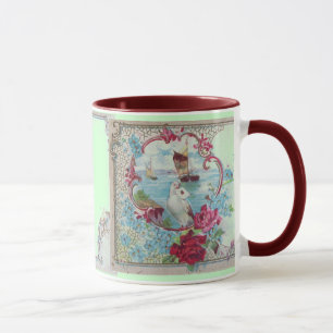 ROMANTICA, TEAL BLUE GREEN PINK FLORAL ROSES,DOVE  MUG