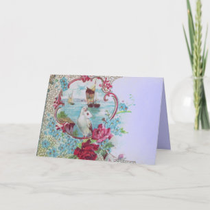 ROMANTICA, TEAL BLUE PINK FLORAL ROSES WITH DOVE HOLIDAY CARD