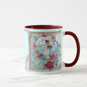 ROMANTICA, TEAL BLUE PINK FLORAL ROSES WITH DOVE  MUG