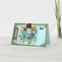 ROMANTICA,TEAL BLUE PINK FLORAL ROSES WITH SWALLOW