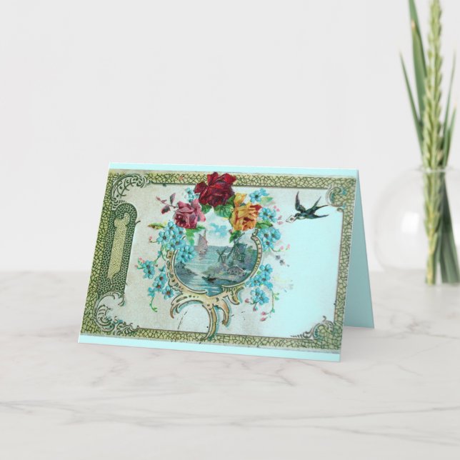 ROMANTICA,TEAL BLUE PINK FLORAL ROSES WITH SWALLOW HOLIDAY CARD (Front)