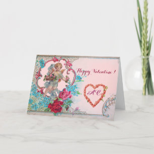 ROMANTICA /VALENTINE CUPID GATHERING PINK ROSES HOLIDAY CARD