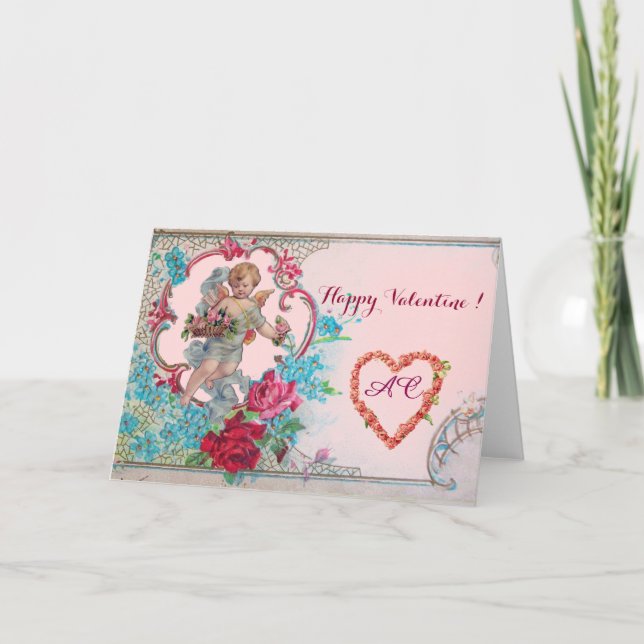 ROMANTICA /VALENTINE CUPID GATHERING PINK ROSES HOLIDAY CARD (Front)