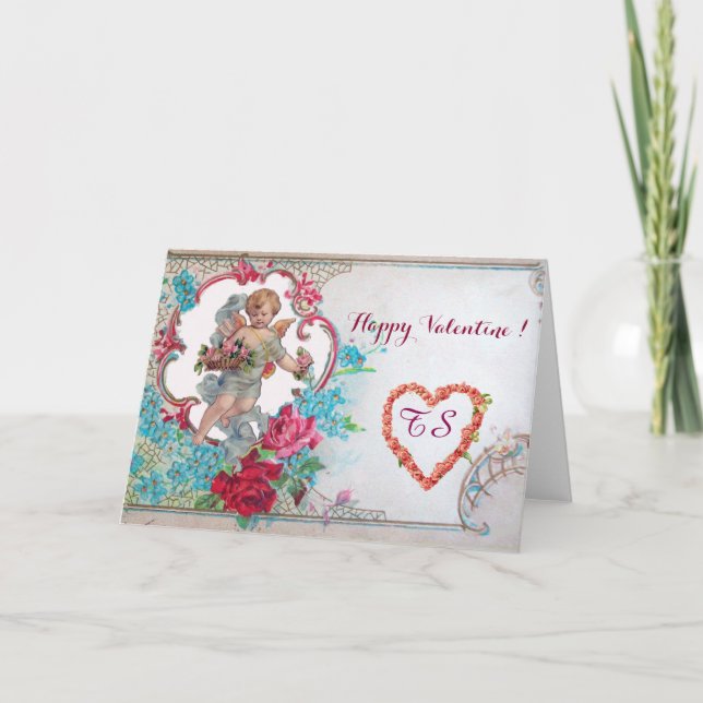 ROMANTICA /VALENTINE CUPID GATHERING PINK ROSES HOLIDAY CARD (Front)