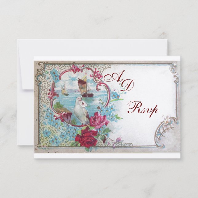 ROMANTICA WEDDING MONOGRAM RSVP,red blue pink gold RSVP Card (Front)