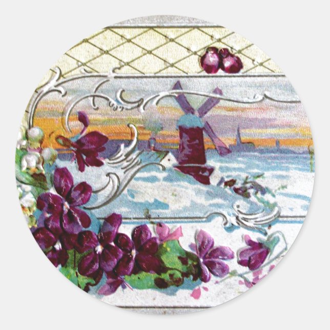 ROMANTICA /WINDMILL IN THE SNOW,PANSIES,SNOWDROPS CLASSIC ROUND STICKER (Front)