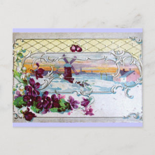 ROMANTICA /WINDMILL IN THE SNOW,PANSIES,SNOWDROPS POSTCARD