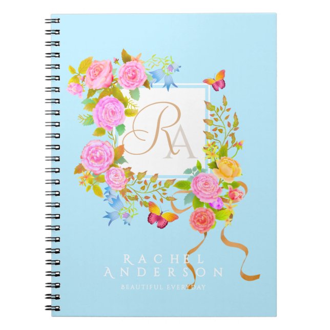 Romantics Blooming Garden Monogram Blue  Notebook (Front)