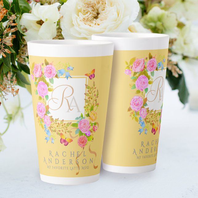 Romantics Blooming Garden Monogram Gold Latte Mug (Elegant romantics garden monogram.)