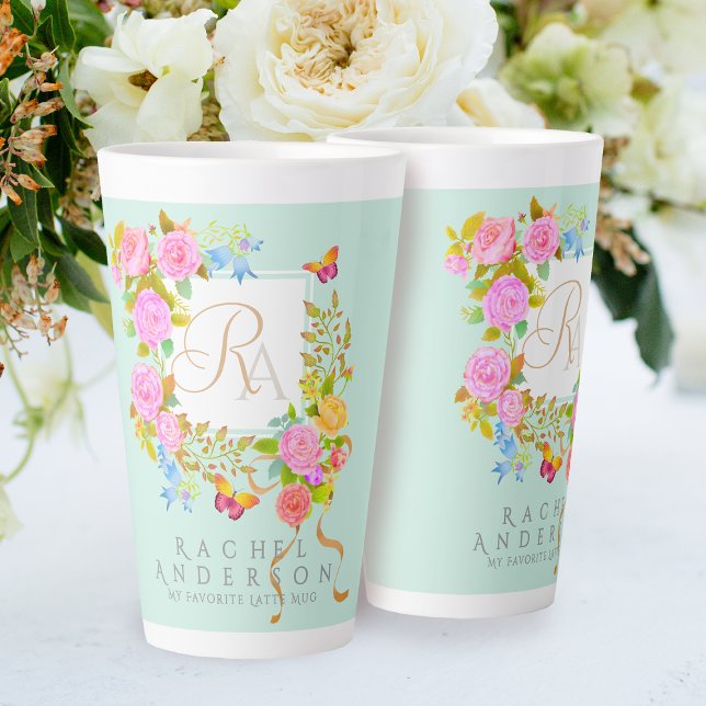 Romantics Blooming Garden Monogram Green Latte Mug (Elegant romantic flowers monogram design.)