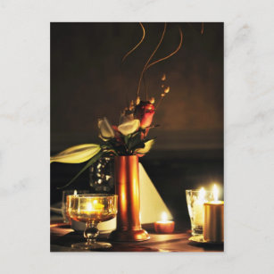 romantict restaurant table flowers candles ikebana postcard