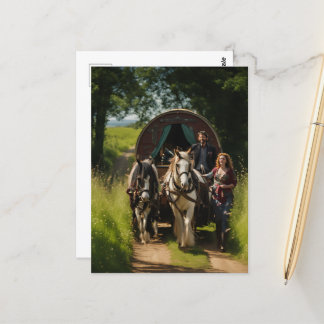 Romany Gypsy Caravan with Woman Leading the Horses Postcard
