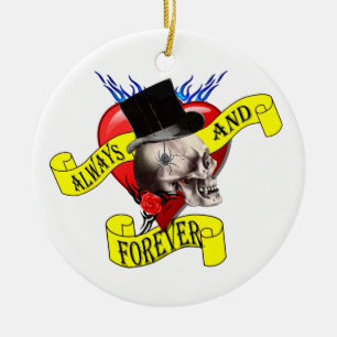 Romatic skull and heart tattoo design ceramic tree decoration