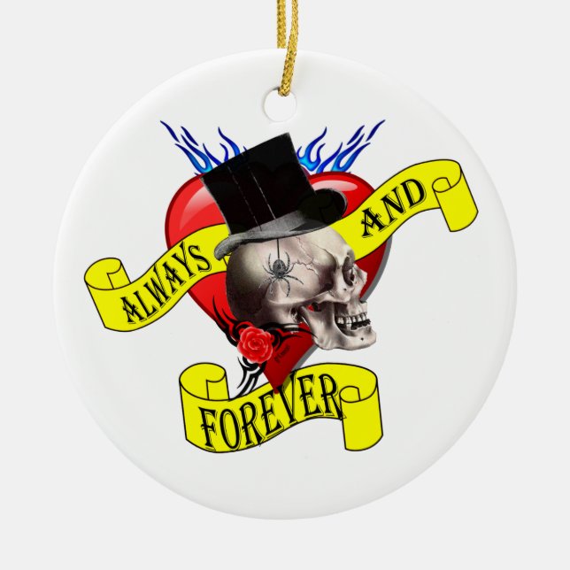 Romatic skull and heart tattoo design ceramic tree decoration (Front)
